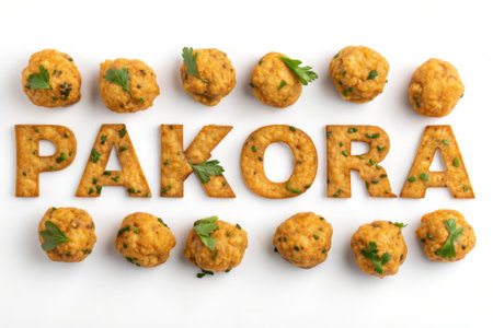 \Arabic word \"\"pakora\"\" with fried meatballs on white background\""の素材