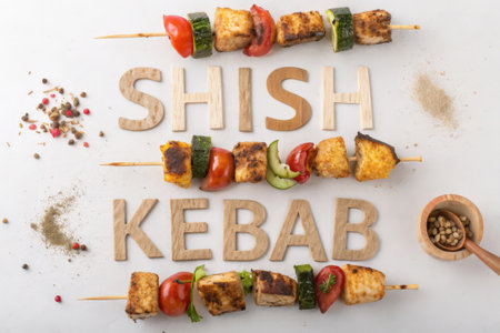 Shish kebab on skewers with vegetables, top viewの素材