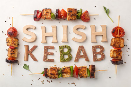 shish kebab on skewers with vegetables, top viewの素材