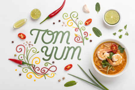Tom yum soup with shrimps and vegetables on white backgroundの素材
