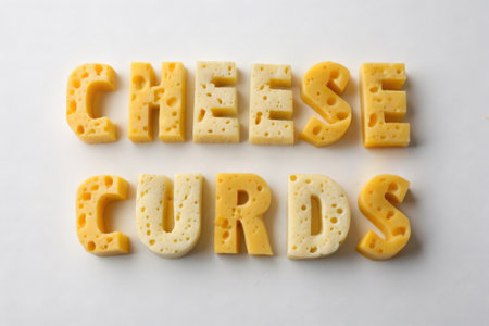 Cheese letters on white background. Top view. Copy space.の素材