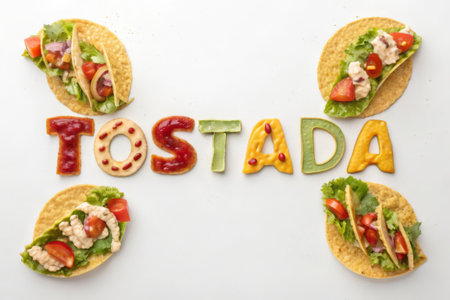 tasty taco with tortilla and vegetables on white background, top viewの素材