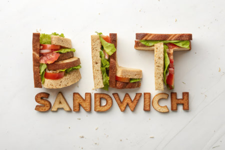 Sandwiches with salami and vegetables on a white background.の素材