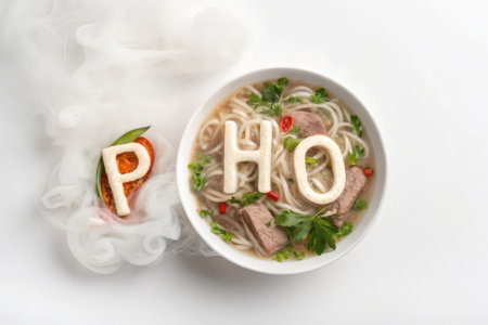 Vietnamese soup pho with pork and vegetables on white backgroundの素材