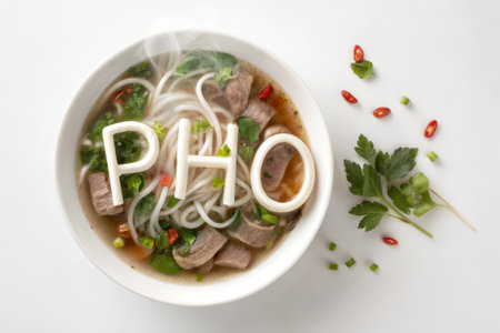 Vietnamese noodle soup with pork and chili on white backgroundの素材