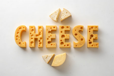 Cheese letters on white background, top view. Cheese concept.の素材