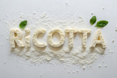 Word Rota made of flour with basil on white background, top viewの素材