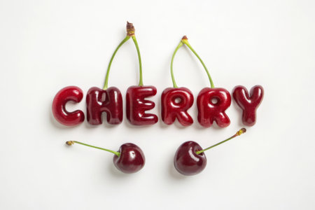 Cherries on a white background with the word cherries.の素材