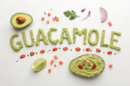 Guacamole with guacamole ingredients on white backgroundの素材