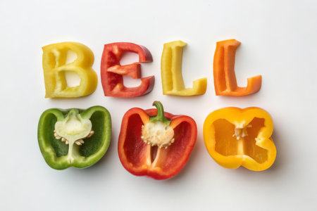 Bell pepper word on white background. Bell pepper cut into slices.の素材