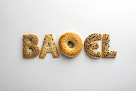 Word BAGLE made of cookies with poppy seeds on white backgroundの素材