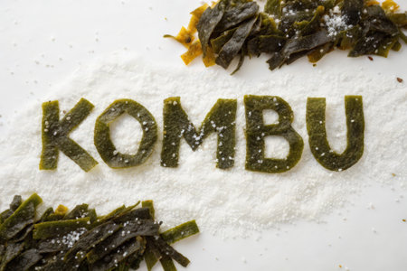 The word KOMB written with seaweed on a white backgroundの素材