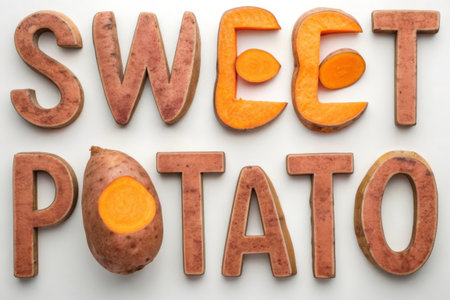 Sweet potato letters on a white background. Sweet potato alphabet letters.の素材