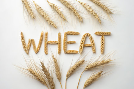 ears of wheat on a white background with the word wheat in the centerの素材