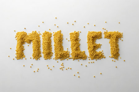 Inscription millet made of yellow millet seeds on white backgroundの素材