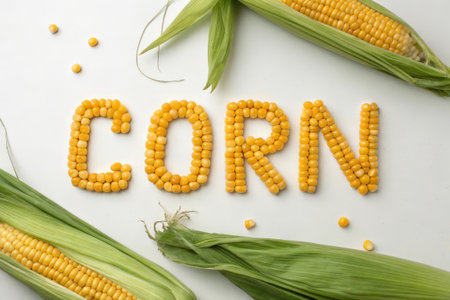 Word CORON made of corn seeds on white background, top viewの素材