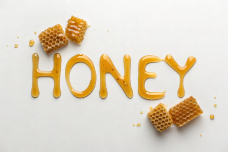 Word HONEY with honeycombs on white background, top viewの素材
