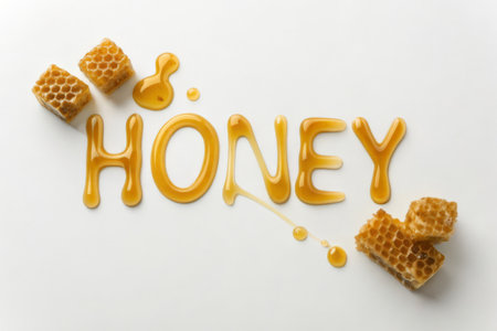 Word honey with honeycombs on white background, top view. Honey conceptの素材