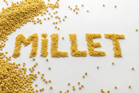 Millet word made of yellow millet groats on white backgroundの素材