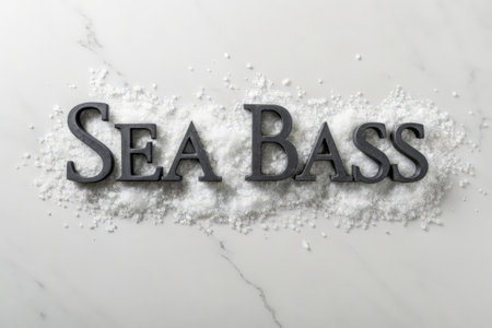 Word Sea Salt made with metal letters on white marble background, top viewの素材
