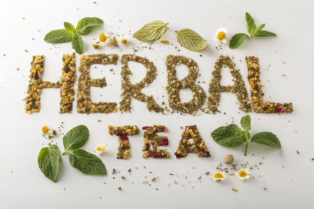 Healthy breakfast with mint and chamomile on white backgroundの素材