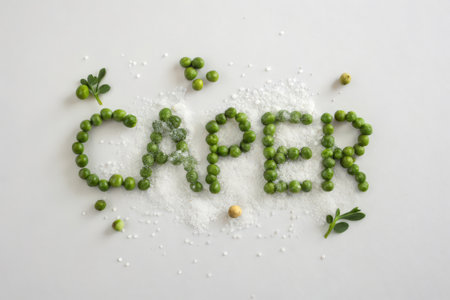 The word care written with green peas and salt on a white backgroundの素材