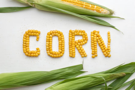 The word corn in the form of letters on a white background.の素材