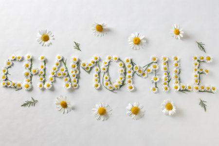 Chamomile word made of daisy flowers on white backgroundの素材