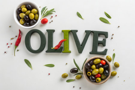 olive word with olives, herbs and spices on white backgroundの素材