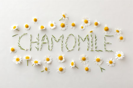 Word CHAMONIC made of chamomile flowers on white backgroundの素材