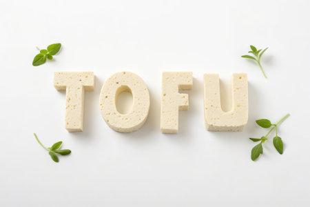 Tofu word made of fresh oregano on white backgroundの素材