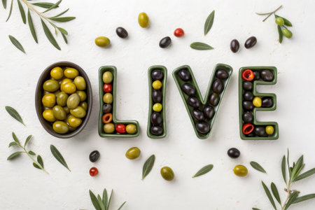 \The word \"\"live\"\" written with olives and olive branches on a white background\""の素材