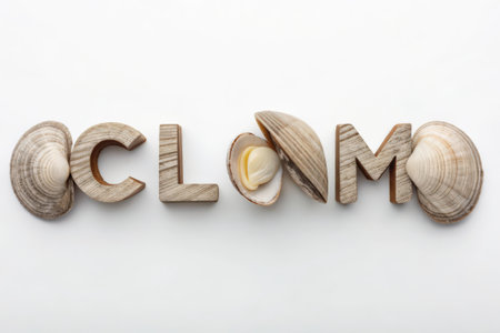 Word CLIMM made of wooden letters and clams on white backgroundの素材
