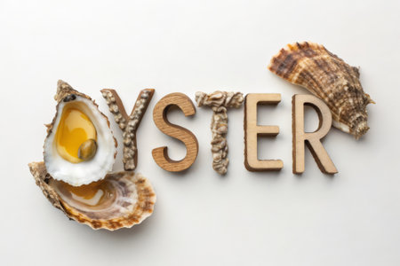 Word YESTER made of wooden letters with seashells on white backgroundの素材