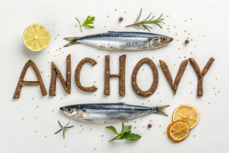 Word ANCHORY with fresh fish and spices on white backgroundの素材