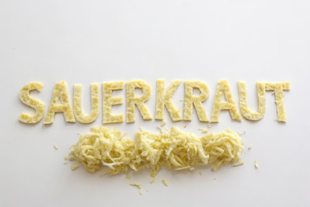 Sauerkraut word made from grated cheese on white backgroundの素材