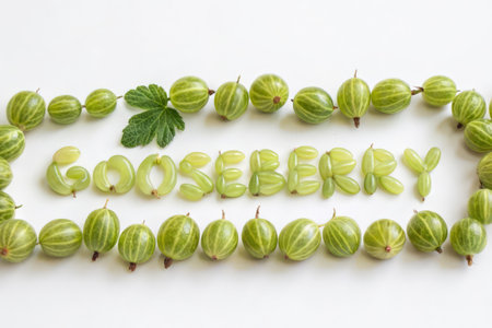 Gooseberry word made of fresh green gooseberries on white backgroundの素材