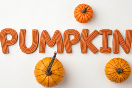 Word PUMPKIN made of cookies and pumpkins on white backgroundの素材