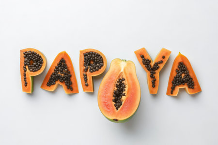 Word PAPAY made of fresh papaya slices on white backgroundの素材