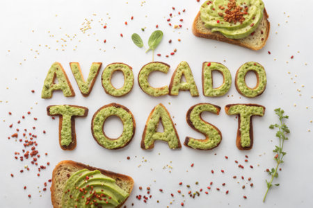 Tasty toasts with avocado and herbs on white background, top viewの素材