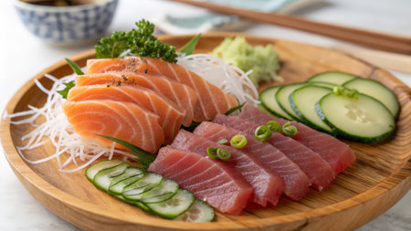 fresh salmon sashimi on wooden plate - japanese food styleの素材