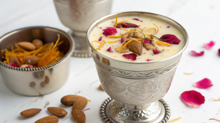 Dessert of coconut milk with nuts and flower petals, selective focusの素材