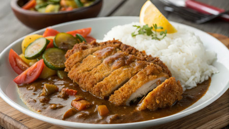 Crispy pork cutlet in curry sauce with rice and vegetablesの素材