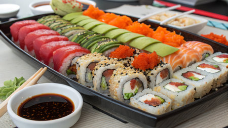 Sushi set with salmon, avocado, cucumber, sesame seeds, wasabi and soy sauce.の素材