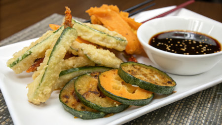 Fried zucchini on a white plate with soy sauce.の素材