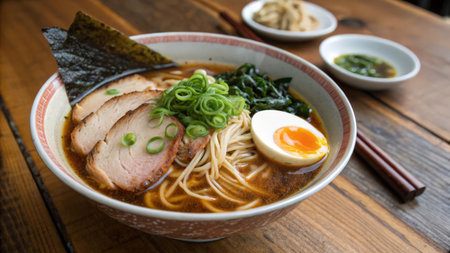 Japanese ramen noodle with pork and egg in bowl on wooden tableの素材
