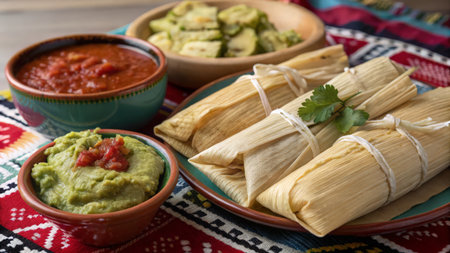Mexican enchiladas with guacamole and salsaの素材