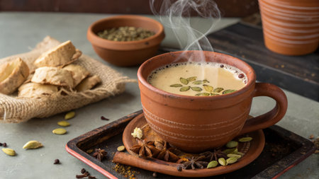 Cup of hot coffee with cardamom and spices on the tableの素材