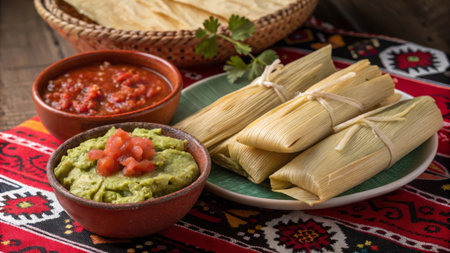 Mexican corn tortillas with guacamole and salsa sauceの素材