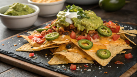Mexican nachos with guacamole, cheese and jalapenoの素材